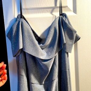 Off the shoulder mermaid style dress with slight slit blue tint and real glitter